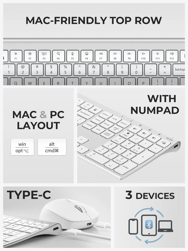 Alt view image 2 of 7 - iClever BK10 Max Bluetooth Keyboard and Mouse Combo for Mac, Silver | 3-Device Bluetooth Switching, Full-Size Layout with Numeric Keypad, Ultra-Slim, Rechargeable Wireless Set for MacBook Pro/Air