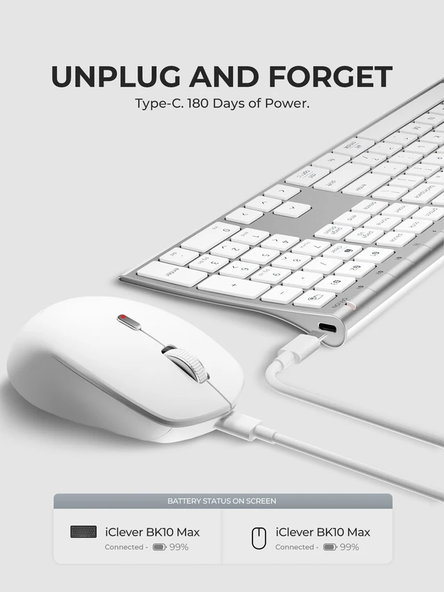 Alt view image 7 of 7 - iClever BK10 Max Bluetooth Keyboard and Mouse Combo for Mac, Silver | 3-Device Bluetooth Switching, Full-Size Layout with Numeric Keypad, Ultra-Slim, Rechargeable Wireless Set for MacBook Pro/Air