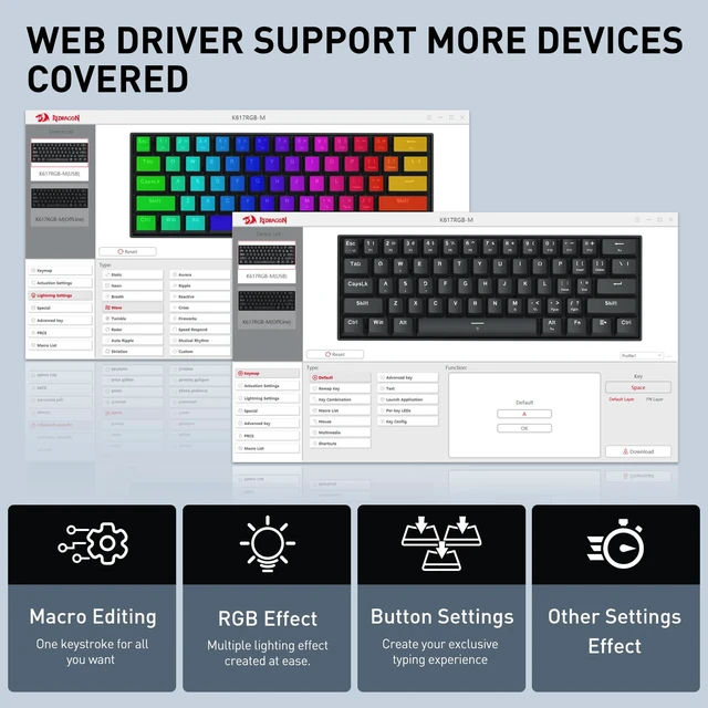 Alt view image 5 of 7 - Redragon K617 HE Wired Hall-Effect Rapid Trigger Magnetic Gaming Keyboard | 8K Polling Adjustable Actuation, 61 Keys Design for More Room to Aim, Swap-Ready Socket for Mod, RGB Pro Software Supported
