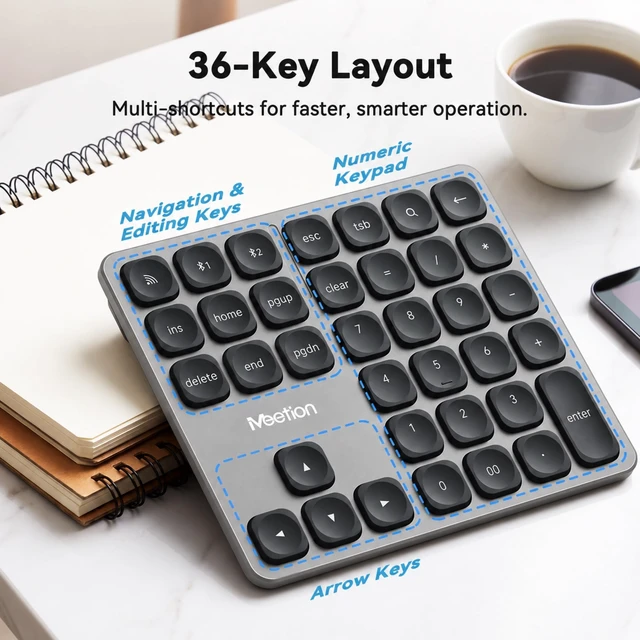Alt view image 3 of 7 - MEETION 36-Key Wireless Numeric Keypad, Bluetooth Number Pad for Laptop | 36-key wireless number pad with 2.4G/dual Bluetooth, scissor keys and extra keys for faster number-heavy work.