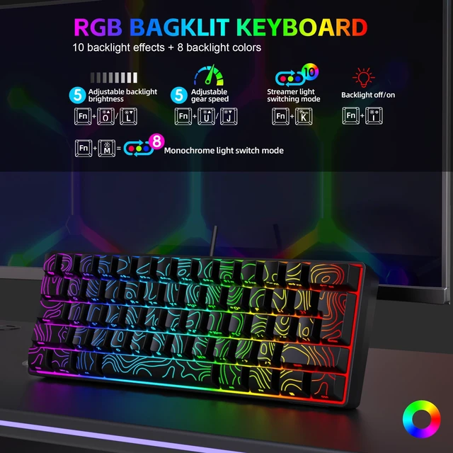 Alt view image 3 of 7 - Snpurdiri 60% Wired Gaming Keyboard 61 Keys RGB (Contour Line-Black) | Backlit Small Gaming Keyboard Ultra-Compact for PC/Mac Gamer, Typist, Travel, Easy to Carry on Business Trip