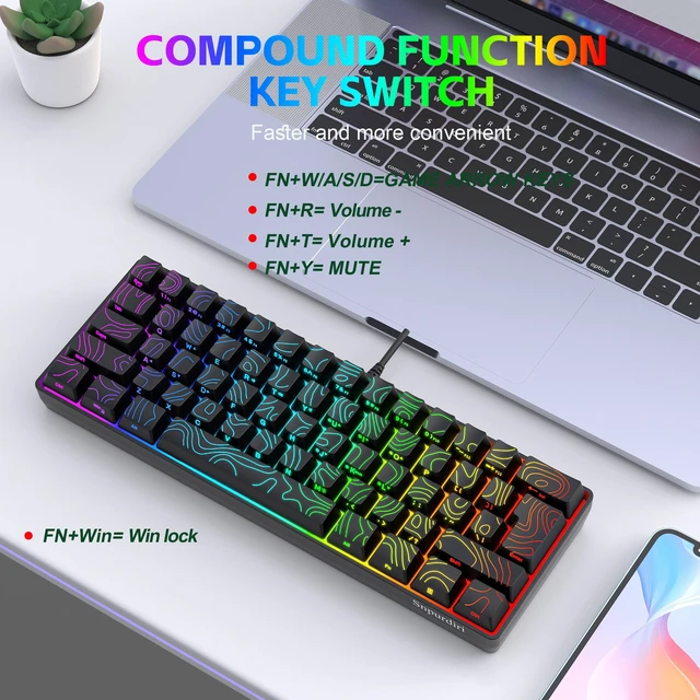 Alt view image 4 of 7 - Snpurdiri 60% Wired Gaming Keyboard 61 Keys RGB (Contour Line-Black) | Backlit Small Gaming Keyboard Ultra-Compact for PC/Mac Gamer, Typist, Travel, Easy to Carry on Business Trip