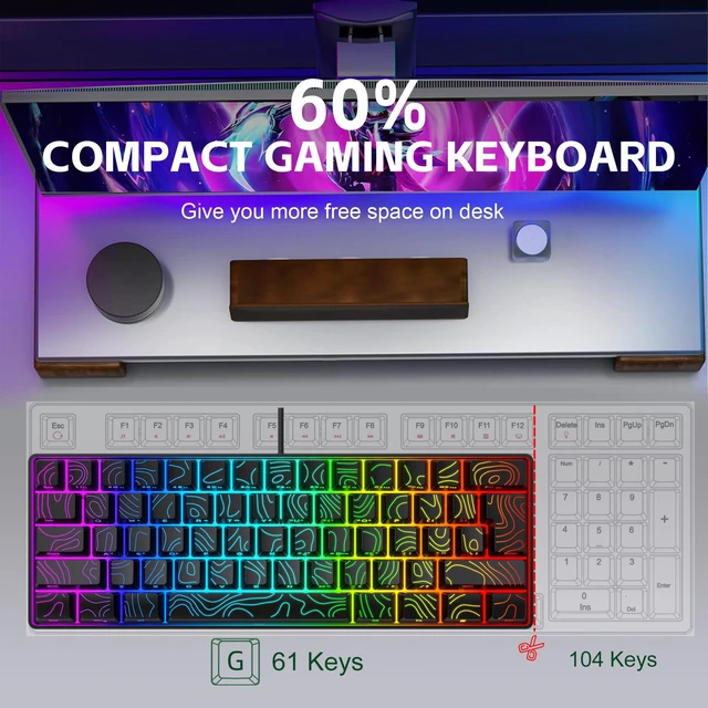 Alt view image 5 of 7 - Snpurdiri 60% Wired Gaming Keyboard 61 Keys RGB (Contour Line-Black) | Backlit Small Gaming Keyboard Ultra-Compact for PC/Mac Gamer, Typist, Travel, Easy to Carry on Business Trip