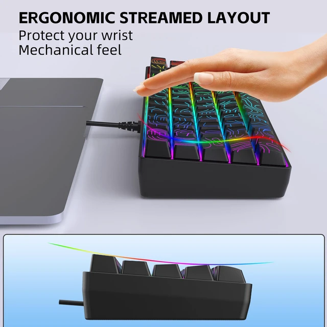 Alt view image 6 of 7 - Snpurdiri 60% Wired Gaming Keyboard 61 Keys RGB (Contour Line-Black) | Backlit Small Gaming Keyboard Ultra-Compact for PC/Mac Gamer, Typist, Travel, Easy to Carry on Business Trip