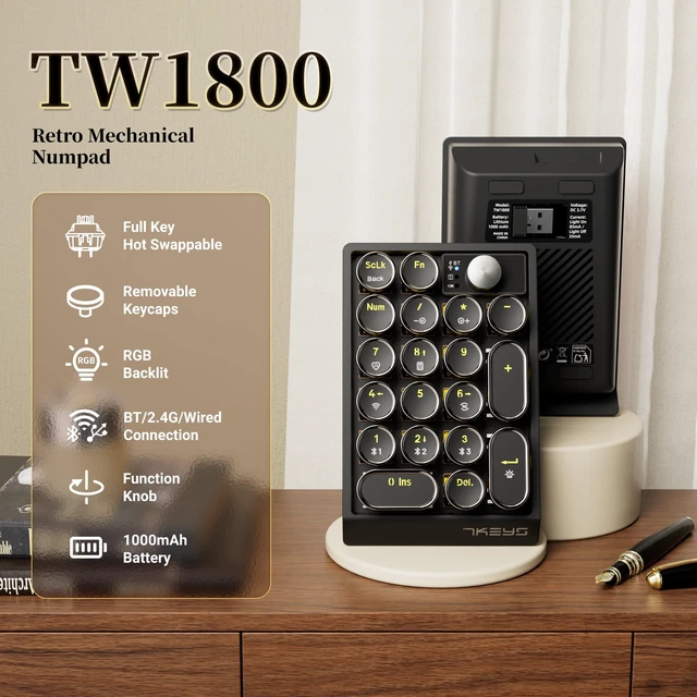 Alt view image 2 of 7 - 7KEYS Retro Mechanical Numpad with RGB Backlit, Hot Swappable, Wireless Bluetooth and 2.4G Connection, 1000mAh Battery, Function Knob for PC Laptop