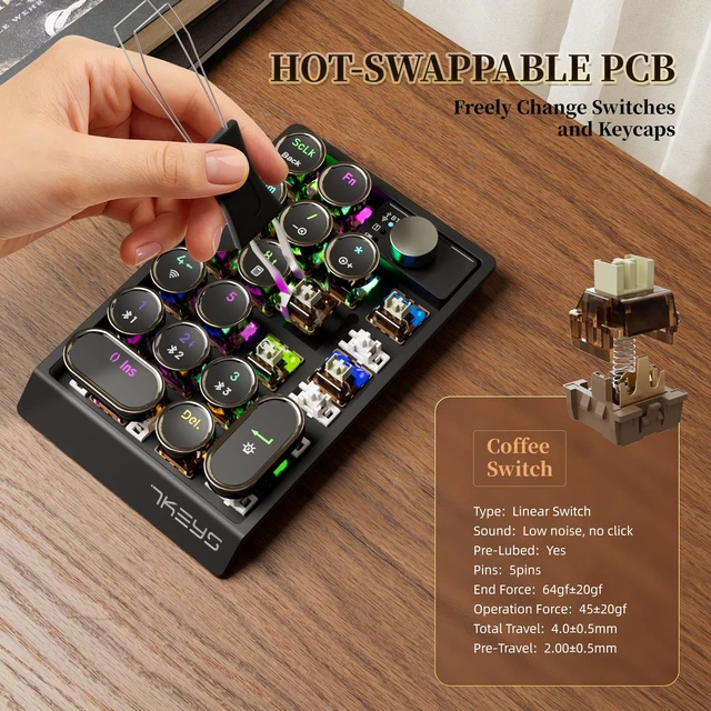Alt view image 4 of 7 - 7KEYS Retro Mechanical Numpad with RGB Backlit, Hot Swappable, Wireless Bluetooth and 2.4G Connection, 1000mAh Battery, Function Knob for PC Laptop