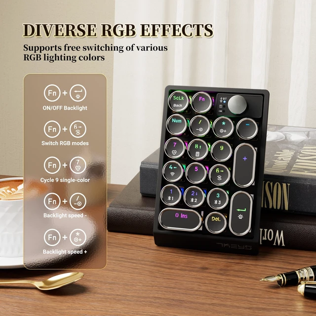 Alt view image 5 of 7 - 7KEYS Retro Mechanical Numpad with RGB Backlit, Hot Swappable, Wireless Bluetooth and 2.4G Connection, 1000mAh Battery, Function Knob for PC Laptop