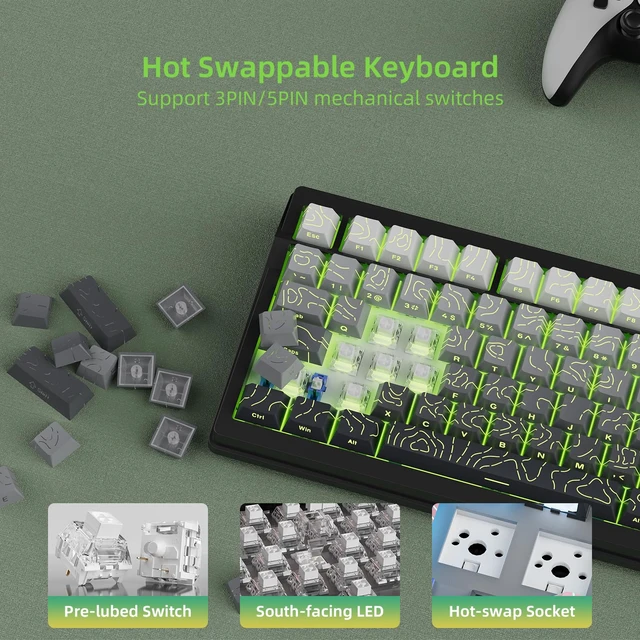 Alt view image 5 of 7 - DRAOZA Kutethy Wireless Mechanical Keyboard,Pre-lubed Switches,Gasket Structure,Tri-Mode BT/2.4GHz/USB-C Hot Swappable,Gradient Topographic KeyCaps,RGB Backlit Gaming Keyboard(Kailh Box White Switch)