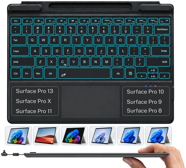 Main image of Wireless Finest Microsoft Surface Pro Keyboard 8/9/10/11/X/13 | Bluetooth Keyboard, Rechargeable Battery, Magnetic Attach, Ultra-Slim Lightweight, 7-Color LED Backlight & Trackpad