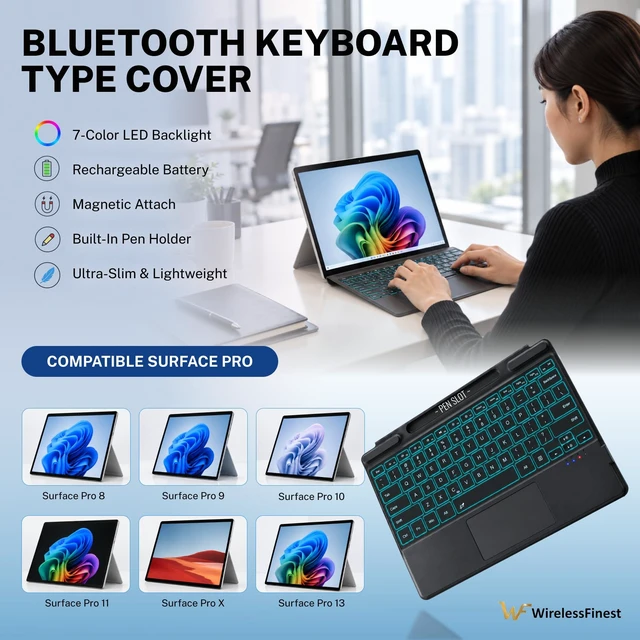 Alt view image 2 of 7 - Wireless Finest Microsoft Surface Pro Keyboard 8/9/10/11/X/13 | Bluetooth Keyboard, Rechargeable Battery, Magnetic Attach, Ultra-Slim Lightweight, 7-Color LED Backlight & Trackpad