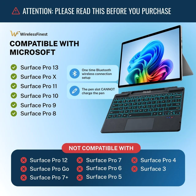 Alt view image 3 of 7 - Wireless Finest Microsoft Surface Pro Keyboard 8/9/10/11/X/13 | Bluetooth Keyboard, Rechargeable Battery, Magnetic Attach, Ultra-Slim Lightweight, 7-Color LED Backlight & Trackpad