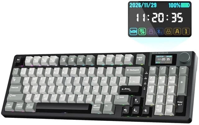 Main image of KEMOVE K94 Wireless Mechanical Keyboard, QMK/VIA, LCD Screen & Metal Knob | Tri-Mode 2.4G/Bluetooth/USB-C, Gasket Mount, Hot-Swap, Creamy Switches, 8000mAh Battery, South-Facing RGB for Gaming & Work