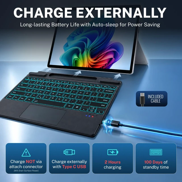 Alt view image 4 of 7 - Wireless Finest Microsoft Surface Pro Keyboard 8/9/10/11/X/13 | Bluetooth Keyboard, Rechargeable Battery, Magnetic Attach, Ultra-Slim Lightweight, 7-Color LED Backlight & Trackpad