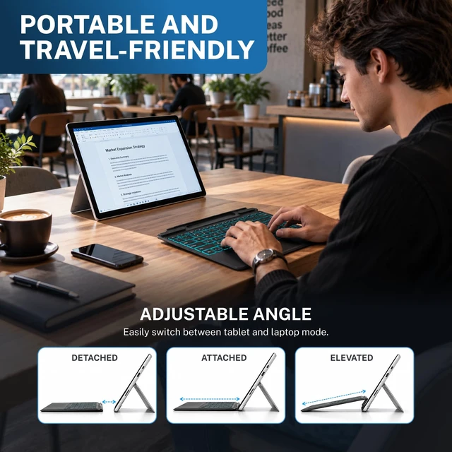 Alt view image 6 of 7 - Wireless Finest Microsoft Surface Pro Keyboard 8/9/10/11/X/13 | Bluetooth Keyboard, Rechargeable Battery, Magnetic Attach, Ultra-Slim Lightweight, 7-Color LED Backlight & Trackpad