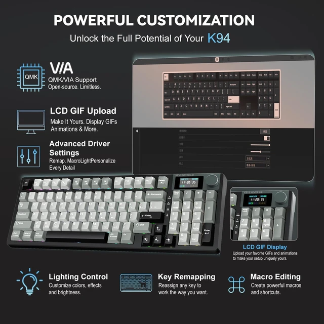 Alt view image 4 of 7 - KEMOVE K94 Wireless Mechanical Keyboard, QMK/VIA, LCD Screen & Metal Knob | Tri-Mode 2.4G/Bluetooth/USB-C, Gasket Mount, Hot-Swap, Creamy Switches, 8000mAh Battery, South-Facing RGB for Gaming & Work