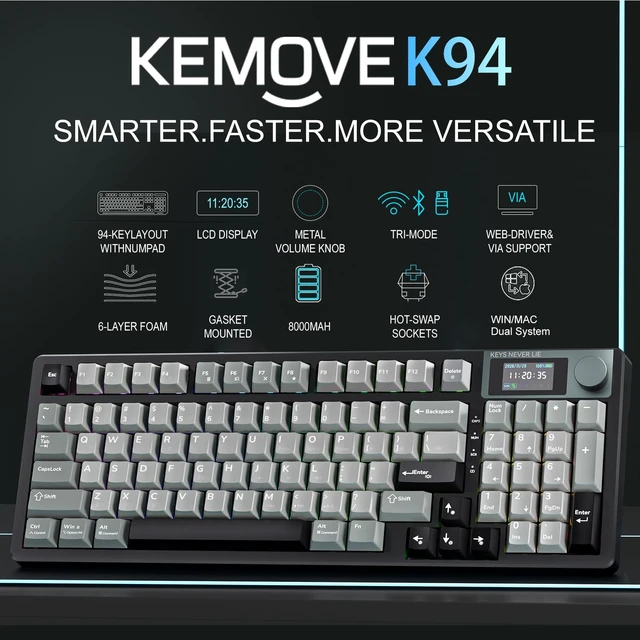 Alt view image 2 of 7 - KEMOVE K94 Wireless Mechanical Keyboard, QMK/VIA, LCD Screen & Metal Knob | Tri-Mode 2.4G/Bluetooth/USB-C, Gasket Mount, Hot-Swap, Creamy Switches, 8000mAh Battery, South-Facing RGB for Gaming & Work