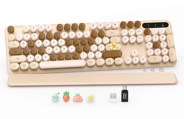 Main image of Wireless Keyboard, Round Keycaps, Retro Typewriter Keyboard with Magnetic Wrist Rest, Sleep Mode, Foldable Legs, 2.4GHz Full-Size Cordless Computer Keyboard for Windows PC, Laptop (Beige & Brown)