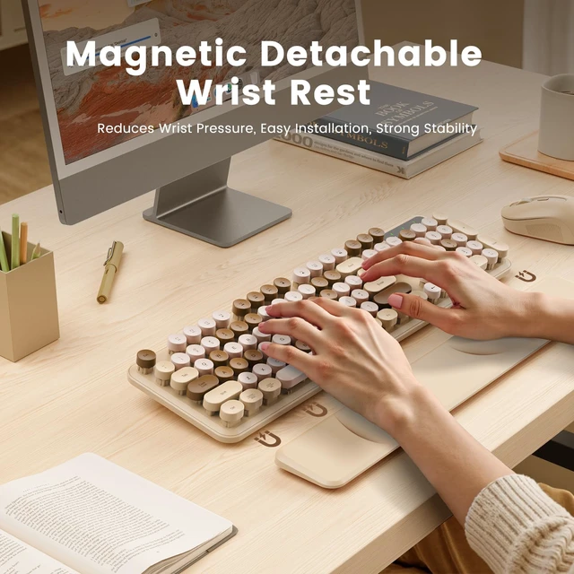 Alt view image 2 of 7 - Wireless Keyboard, Round Keycaps, Retro Typewriter Keyboard with Magnetic Wrist Rest, Sleep Mode, Foldable Legs, 2.4GHz Full-Size Cordless Computer Keyboard for Windows PC, Laptop (Beige & Brown)