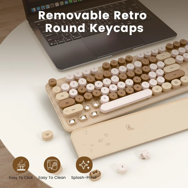 Alt view image 3 of 7 - Wireless Keyboard, Round Keycaps, Retro Typewriter Keyboard with Magnetic Wrist Rest, Sleep Mode, Foldable Legs, 2.4GHz Full-Size Cordless Computer Keyboard for Windows PC, Laptop (Beige & Brown)