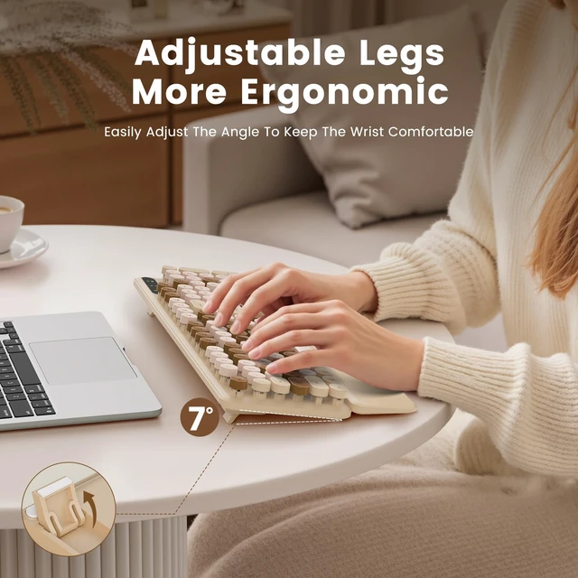 Alt view image 4 of 7 - Wireless Keyboard, Round Keycaps, Retro Typewriter Keyboard with Magnetic Wrist Rest, Sleep Mode, Foldable Legs, 2.4GHz Full-Size Cordless Computer Keyboard for Windows PC, Laptop (Beige & Brown)