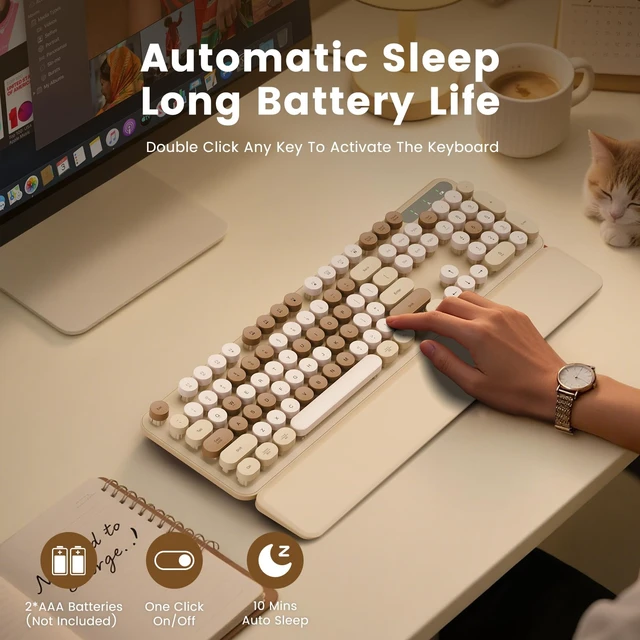Alt view image 6 of 7 - Wireless Keyboard, Round Keycaps, Retro Typewriter Keyboard with Magnetic Wrist Rest, Sleep Mode, Foldable Legs, 2.4GHz Full-Size Cordless Computer Keyboard for Windows PC, Laptop (Beige & Brown)