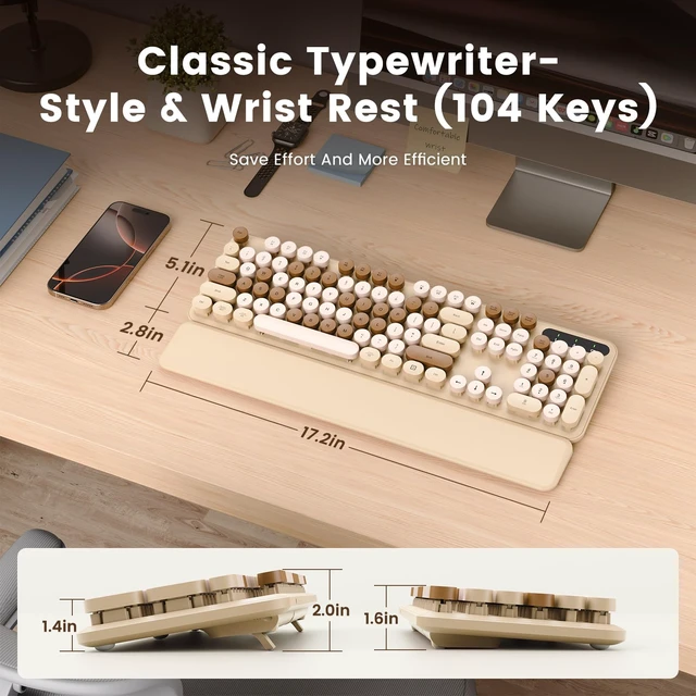Alt view image 7 of 7 - Wireless Keyboard, Round Keycaps, Retro Typewriter Keyboard with Magnetic Wrist Rest, Sleep Mode, Foldable Legs, 2.4GHz Full-Size Cordless Computer Keyboard for Windows PC, Laptop (Beige & Brown)