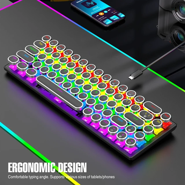 Alt view image 3 of 7 - Depisuta Mechanical Gaming Keyboard, 68 Key RGB Backlit Wired Mechanical Keyboard with Blue Switch, Retro Typewriter Round Keycaps, Plug and Play, for Home Ofiice (Black)