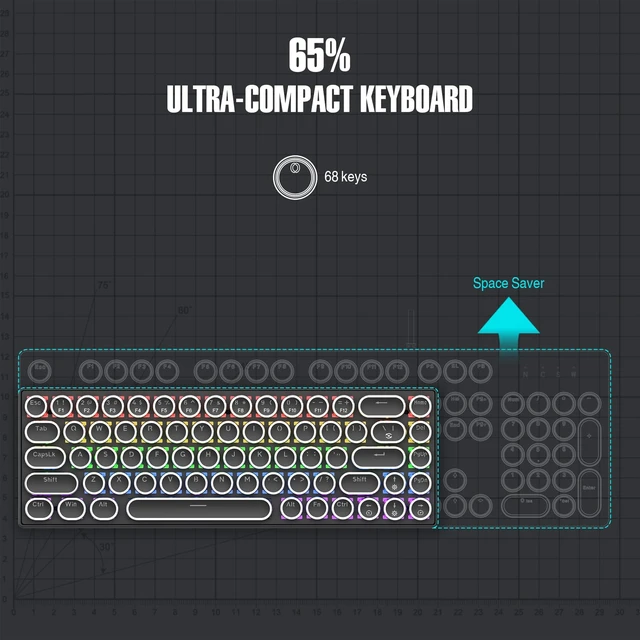 Alt view image 5 of 7 - Depisuta Mechanical Gaming Keyboard, 68 Key RGB Backlit Wired Mechanical Keyboard with Blue Switch, Retro Typewriter Round Keycaps, Plug and Play, for Home Ofiice (Black)