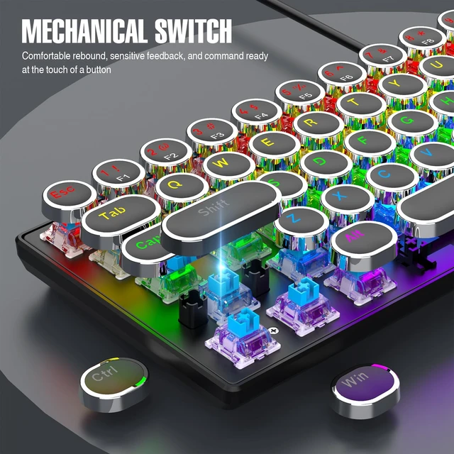 Alt view image 6 of 7 - Depisuta Mechanical Gaming Keyboard, 68 Key RGB Backlit Wired Mechanical Keyboard with Blue Switch, Retro Typewriter Round Keycaps, Plug and Play, for Home Ofiice (Black)