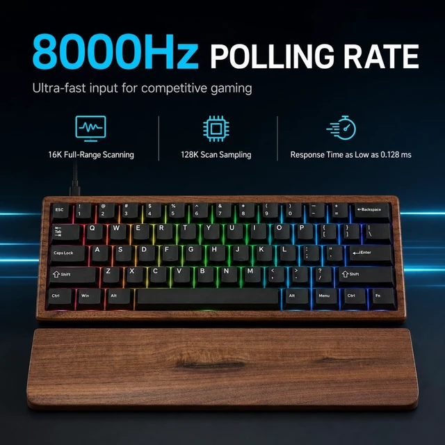 Alt view image 2 of 6 - SZRKBD Wal60 HE Hall Effect Gaming Keyboard Magnetic Switch | Hot Swappable, Rapid Trigger Mode, 8000Hz Polling Rate, Adjustable Actuation, Walnut Wood Case & Ergonomic Wrist Rest