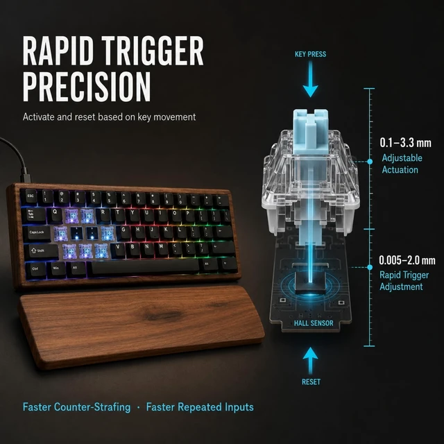 Alt view image 3 of 6 - SZRKBD Wal60 HE Hall Effect Gaming Keyboard Magnetic Switch | Hot Swappable, Rapid Trigger Mode, 8000Hz Polling Rate, Adjustable Actuation, Walnut Wood Case & Ergonomic Wrist Rest