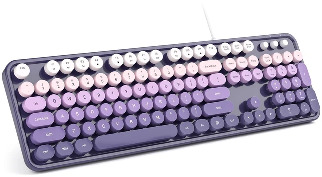 Main image of MOWUX Computer Keyboard Wired, Plug and Play USB Retro Round Typewriter Keyboard, Full Size Wired Keyboard with Foldable Stands for Laptop and Office PC- Purple Gradient