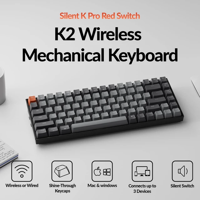Alt view image 2 of 7 - Keychron K2 75% Wireless Mechanical Keyboard, Silent K Pro Red Switch | Bluetooth, Gaming Keyboard, White LED Backlit, USB C, Anti Ghosting, N-Key Rollover, 84 Keys, Mac Windows - Version 2