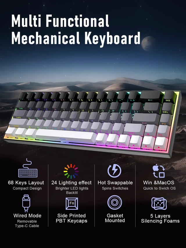 Alt view image 3 of 7 - ZIPFORCE 68-Key Mechanical Keyboard, Blue Liner Switches, Type-C Wired Connection, Multi-Color Mixed Backlight, PBT Keycaps, 100 Million Keystroke Lifespan, Hot Swappable Compact Gaming Keyboard