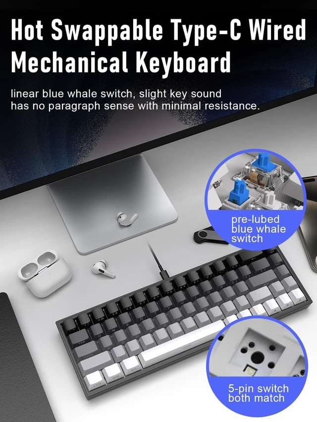 Alt view image 6 of 7 - ZIPFORCE 68-Key Mechanical Keyboard, Blue Liner Switches, Type-C Wired Connection, Multi-Color Mixed Backlight, PBT Keycaps, 100 Million Keystroke Lifespan, Hot Swappable Compact Gaming Keyboard