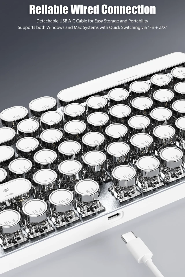 Alt view image 2 of 7 - TISHLED Typewriter Keyboard, Wired USB-C Mechanical Gaming Keyboard | Full Size 104-Key Hot Swappable Keyboard with Volume Knob, White LED Backlit, Aluminum Panel for Win Mac PC, Silver White