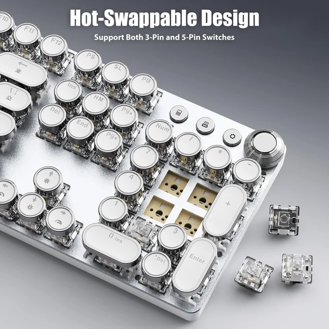 Alt view image 7 of 7 - TISHLED Typewriter Keyboard, Wired USB-C Mechanical Gaming Keyboard | Full Size 104-Key Hot Swappable Keyboard with Volume Knob, White LED Backlit, Aluminum Panel for Win Mac PC, Silver White