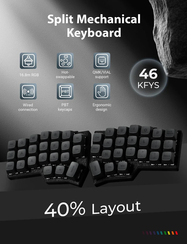 Alt view image 2 of 7 - YIVU 40% Corne Wireless Split Keyboard, QMK/VIALProgrammable, Columnar-Staggered Ergonomic Layout, Hot Swappable Standard Profile MX Linear Switches, PBT Keycaps