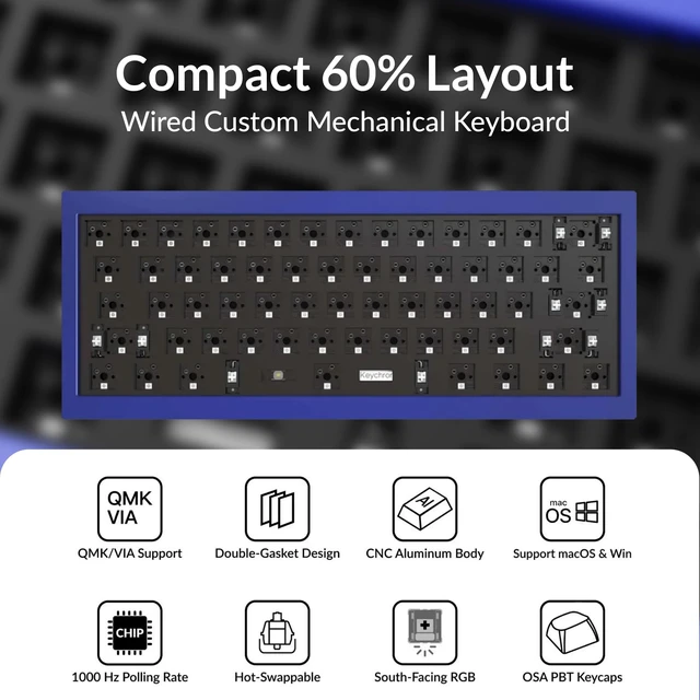Alt view image 2 of 7 - Keychron Q4 Wired Custom Mechanical Keyboard Full Aluminum Barebone Version, Hot-Swappable 60% Layout, Double-Gasket DIY Kit, QMK/VIA Programmable Macro Compatible with Mac Windows Linux - Blue