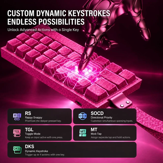 Alt view image 4 of 7 - Keysla WIN68 Wired Magnetic Gaming Keyboard, 68-Key Hall Effect, Magenta | Rapid Trigger Wired Magnetic Switch Hot-Swappable, 8000HZ Polling, RGB PBT Keycaps, Web Driver for PC Mac Esport Gamer