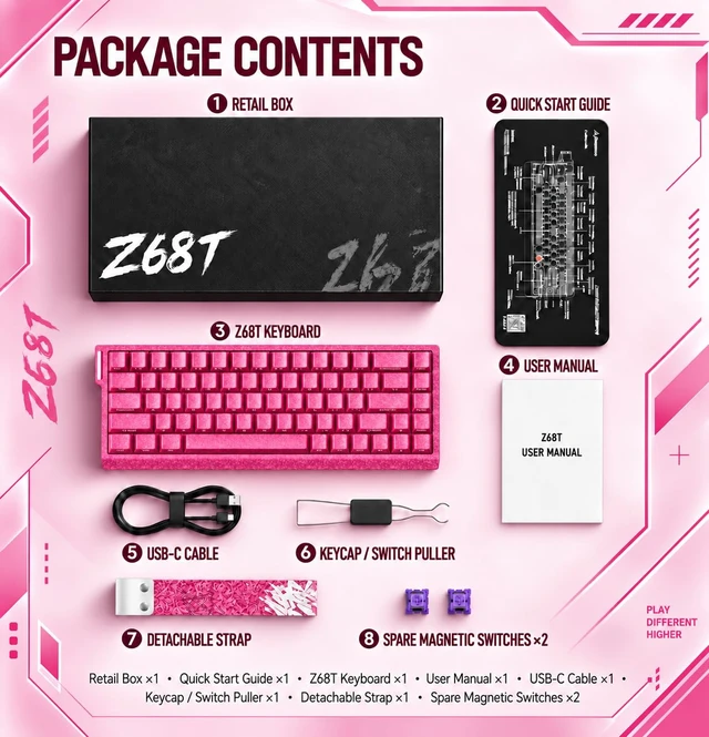 Alt view image 7 of 7 - Keysla WIN68 Wired Magnetic Gaming Keyboard, 68-Key Hall Effect, Magenta | Rapid Trigger Wired Magnetic Switch Hot-Swappable, 8000HZ Polling, RGB PBT Keycaps, Web Driver for PC Mac Esport Gamer
