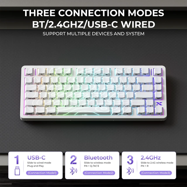 Alt view image 4 of 7 - XVX L75 Air 75% Low Profile Wireless Mechanical Keyboard, Hot-Swap, White | 75% aluminum low profile, tri-mode Bluetooth 2.4G USB-C, hot swap, shine-through caps, 620g, Windows macOS Linux