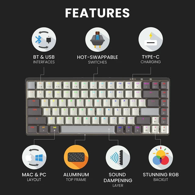 Alt view image 6 of 6 - Azio Cascade Mechanical Keyboard, Backlit RGB, Hotswap Switches and Keycaps, Wired USB-C or Bluetooth Wireless Connection (Gateron Brown Switches) (Galaxy Light 75)