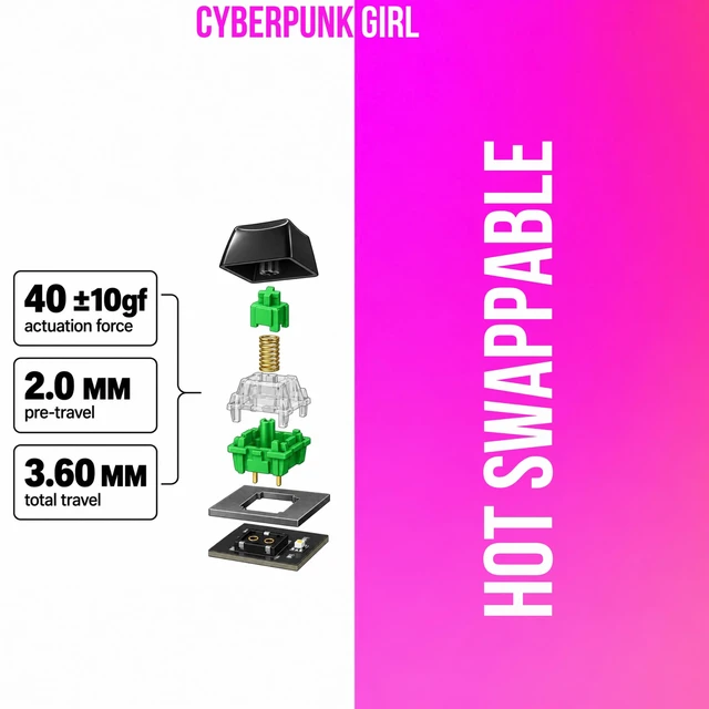 Alt view image 7 of 7 - DARK ALIEN | Cyberpunk Girl 65% Mechanical Gaming Keyboard, Tri-Mode Wireless, Hot-Swap RGB, Gasket Mount, Bluetooth/2.4GHz/USB-C, 4000mAh Battery, a Brand by Twakle