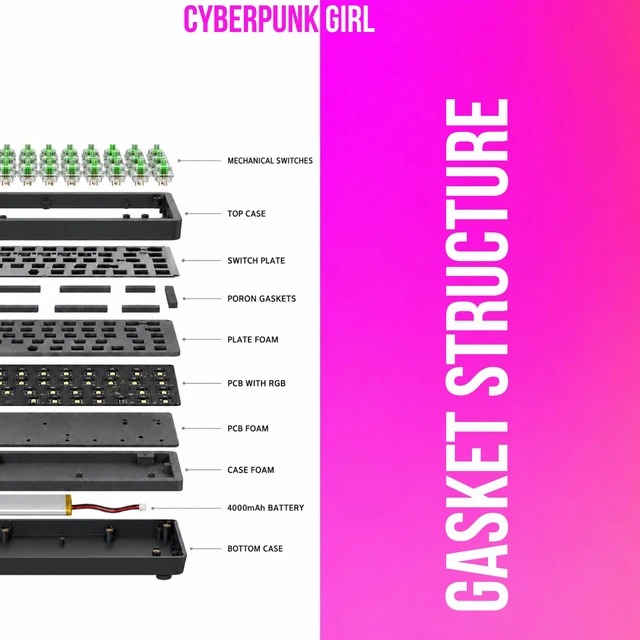 Alt view image 6 of 7 - DARK ALIEN | Cyberpunk Girl 65% Mechanical Gaming Keyboard, Tri-Mode Wireless, Hot-Swap RGB, Gasket Mount, Bluetooth/2.4GHz/USB-C, 4000mAh Battery, a Brand by Twakle
