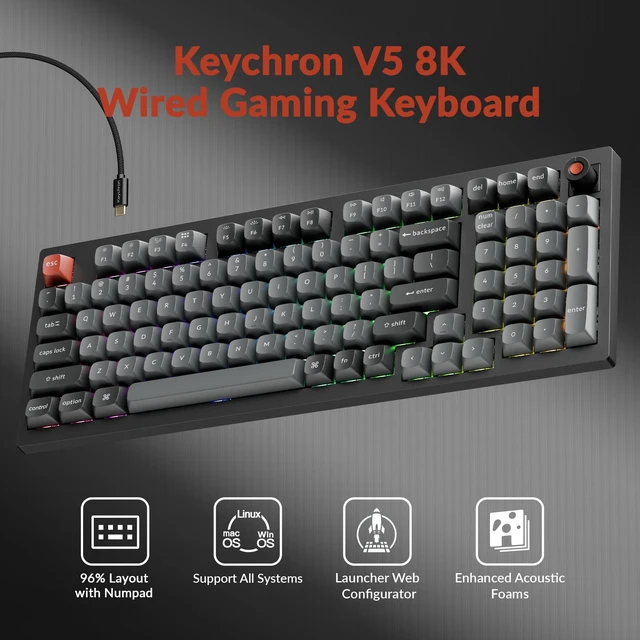 Alt view image 3 of 7 - Keychron V5 8K 96% Wired Mechanical Keyboard, 8000 Hz Polling Rate Hot-Swappable QMK Programmable Keyboard with Numpad & Knob, RGB Backlit, Ergonomic for Mac Windows Linux-Tactile Banana Switch