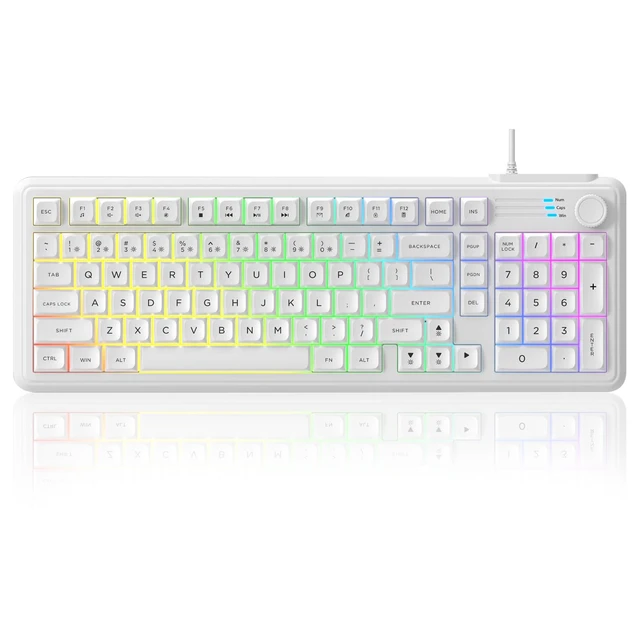 Main image of HUO JI Wired Membrane Gaming Keyboard with Volume Knob, RGB Backlit, White | 96% Layout Compact with Number Pad, Mechanical Feel, SpillResistant, Quiet Keys for PC Windows Mac Office Gaming