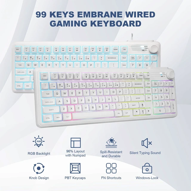 Alt view image 2 of 7 - HUO JI Wired Membrane Gaming Keyboard with Volume Knob, RGB Backlit, White | 96% Layout Compact with Number Pad, Mechanical Feel, SpillResistant, Quiet Keys for PC Windows Mac Office Gaming