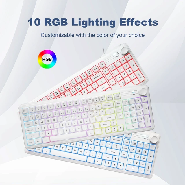 Alt view image 3 of 7 - HUO JI Wired Membrane Gaming Keyboard with Volume Knob, RGB Backlit, White | 96% Layout Compact with Number Pad, Mechanical Feel, SpillResistant, Quiet Keys for PC Windows Mac Office Gaming
