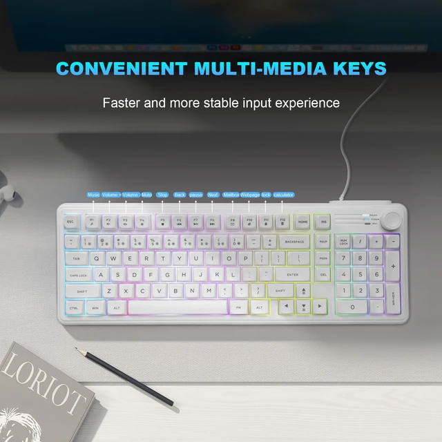 Alt view image 4 of 7 - HUO JI Wired Membrane Gaming Keyboard with Volume Knob, RGB Backlit, White | 96% Layout Compact with Number Pad, Mechanical Feel, SpillResistant, Quiet Keys for PC Windows Mac Office Gaming